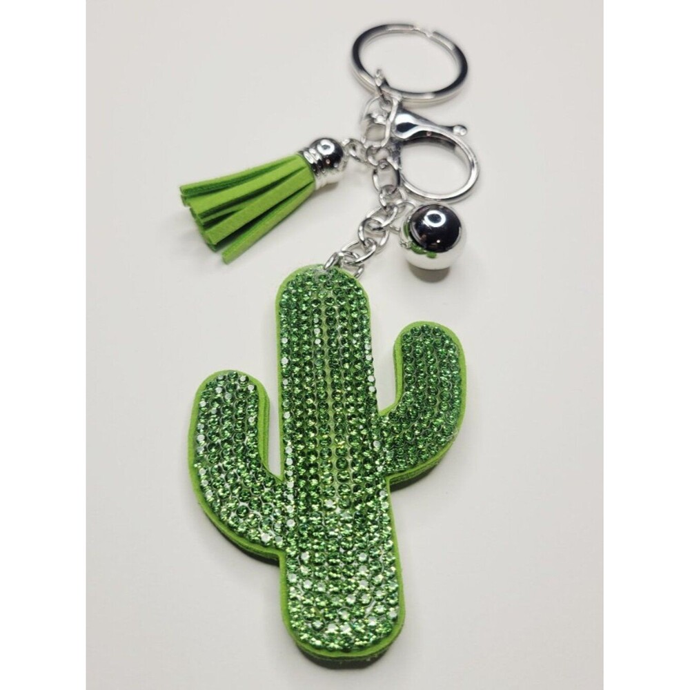 NWT Large Green Sparkling Cactus Keychain Bag Charm With Tassel Silver Accents